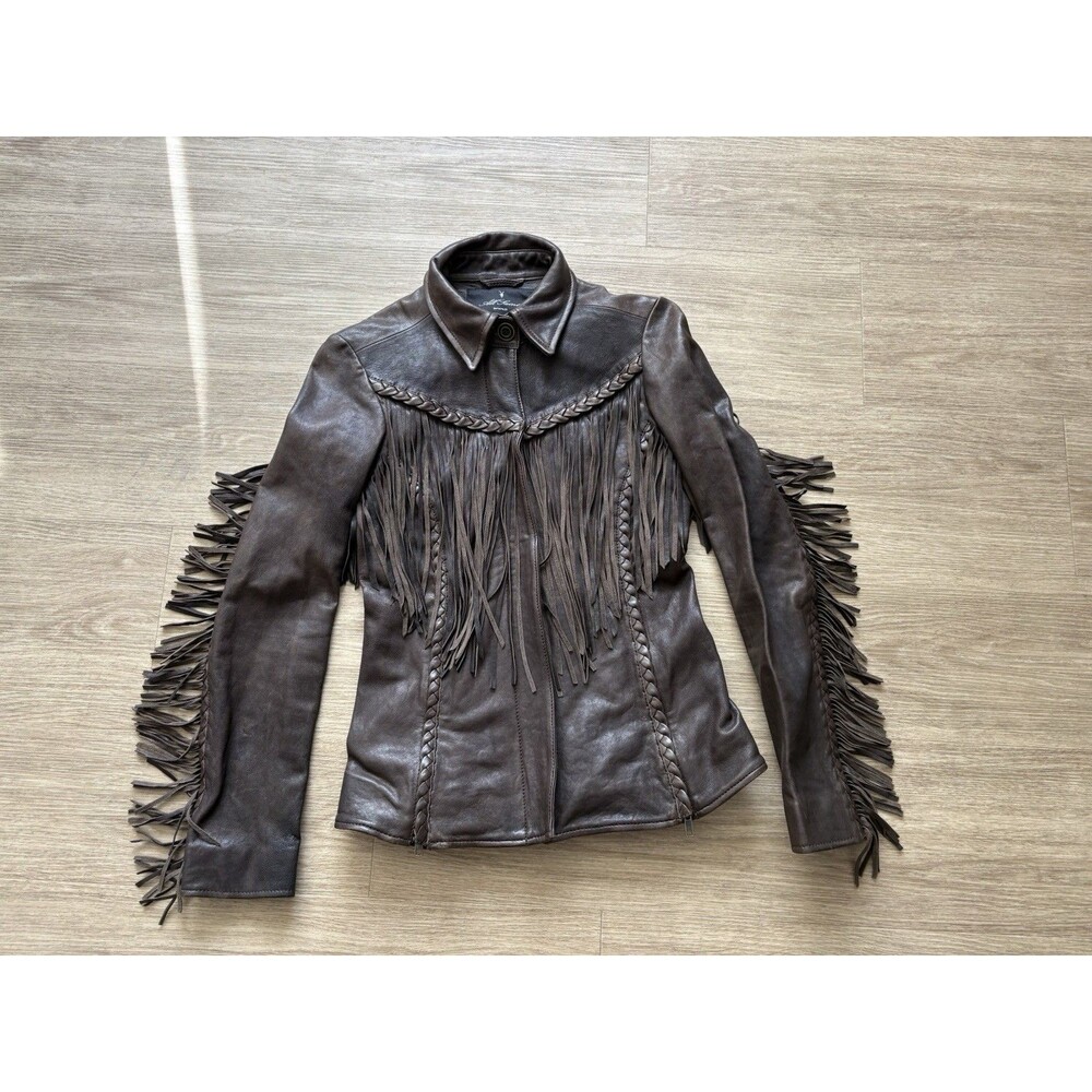VTG AllSaints Womens Motorcycle Fringed Leather Jacket Y2K Western UK8 US 4 Tan
